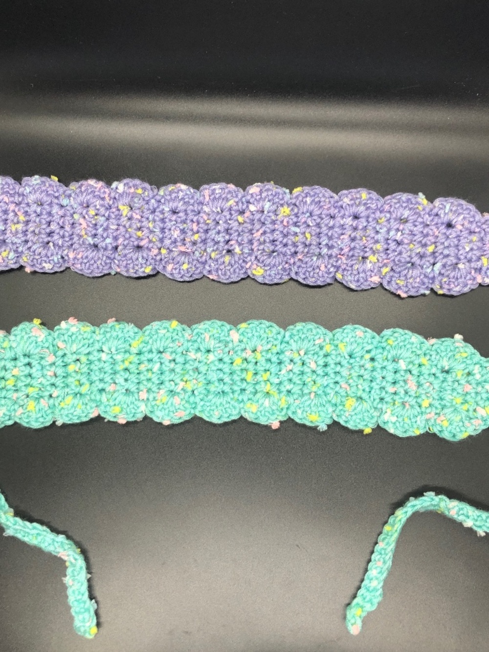 Handmade Scallopped Crochet Headband with Tie, Purple & Mint Sprinkles Headwear